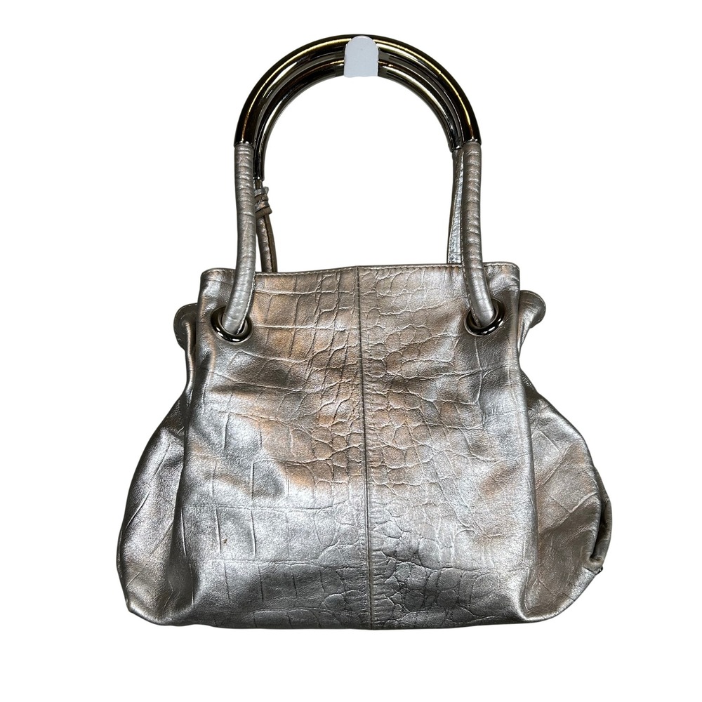 Furla Handbag Purse Small Silver Metallic Leather Tassel Metal Handle Totes 80